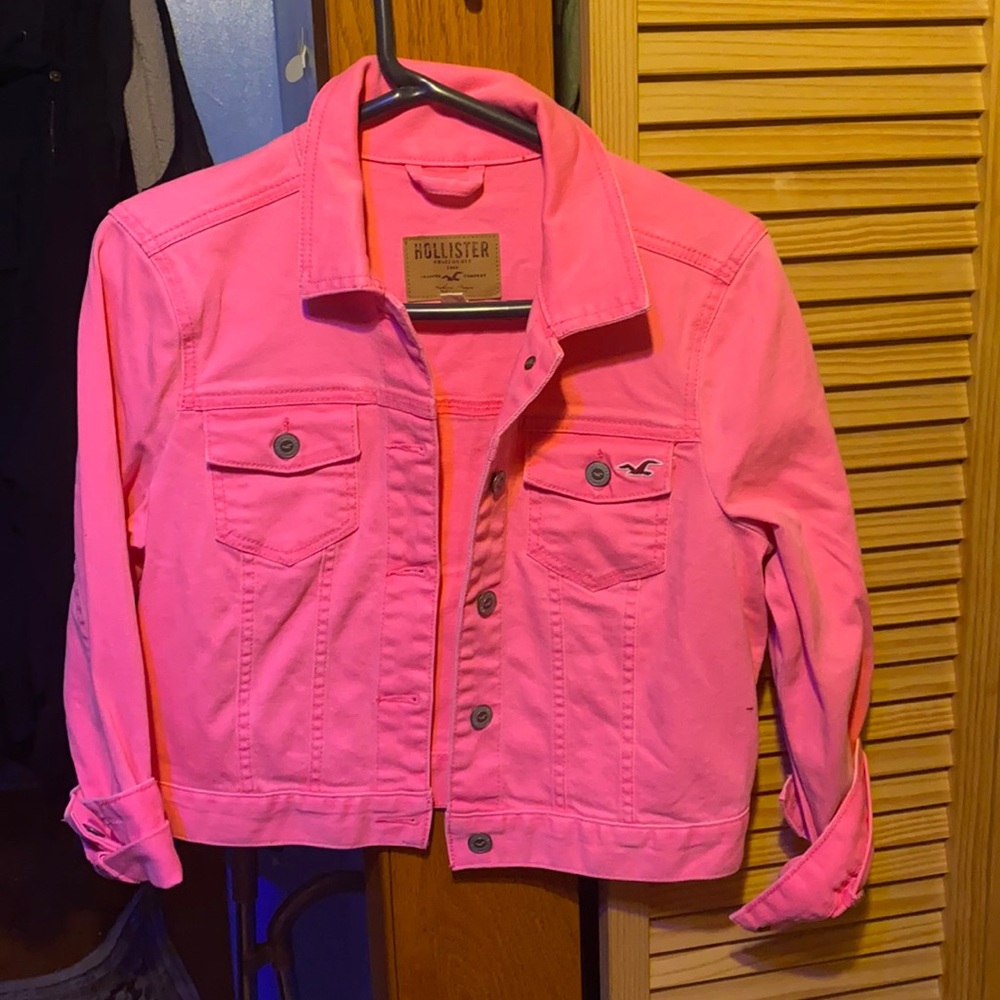 Girls pink hollister cropped denim jacket